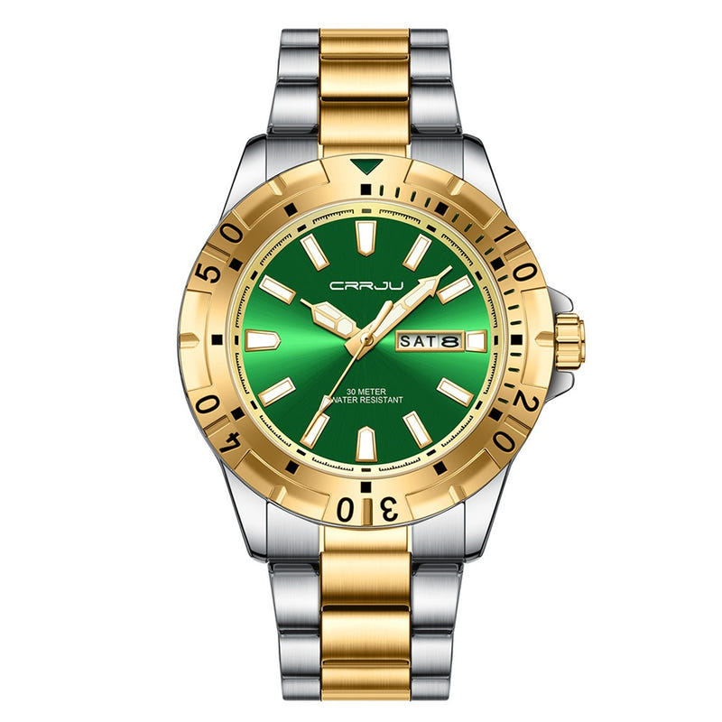 Two-tone quartz business watch, gold bezel, green dial, metal bracelet, date window