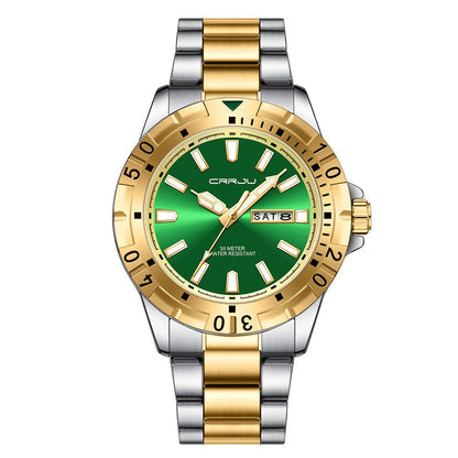 Two-tone quartz business watch, gold bezel, green dial, metal bracelet, date window