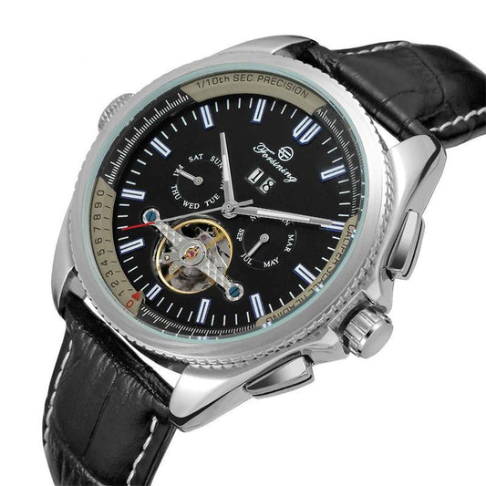 Luxury watch with black leather strap and detailed face on a white background