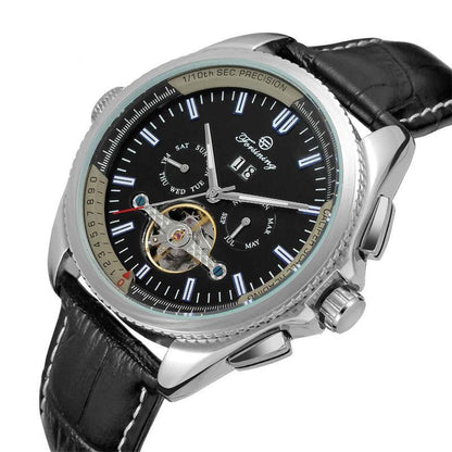 Luxury watch with black leather strap and detailed face on a white background