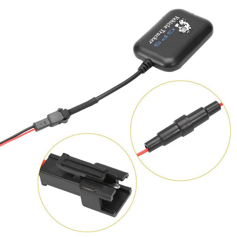 Black GPS vehicle tracker with cable and detailed wire connector ends