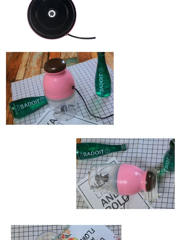 Pink electric food chopper with clear jar, blade assembly, and corded base