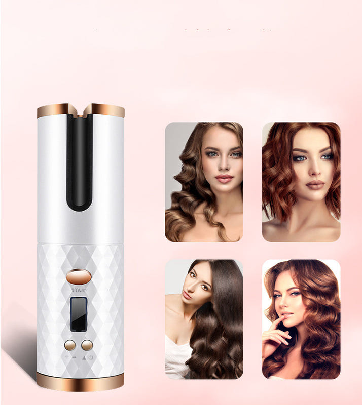 White automatic hair curler with gold accents, shown with four style curl photos
