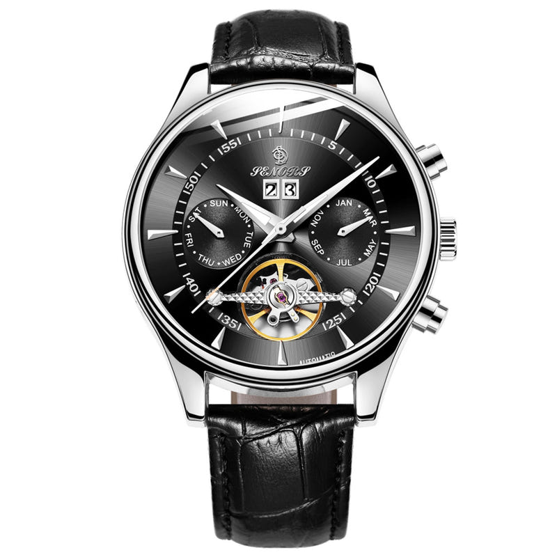 Men's waterproof skeleton mechanical watch with black leather strap, silver case, black skeleton dial