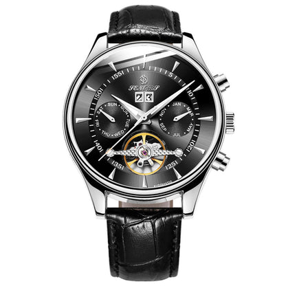 Men's waterproof skeleton mechanical watch with black leather strap, silver case, black skeleton dial