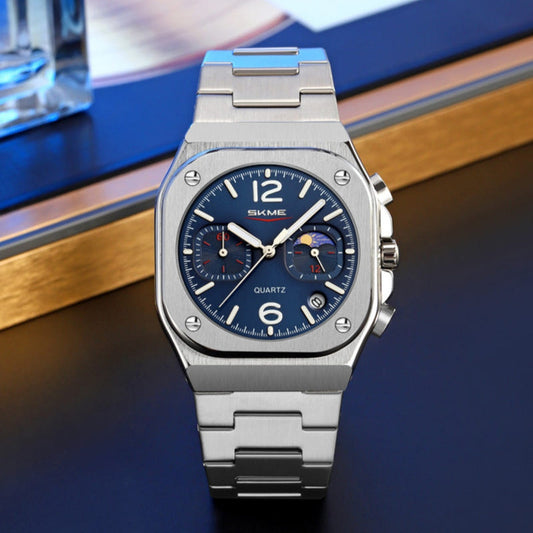Men's waterproof quartz watch with silver metal case and blue dial, SKME branding