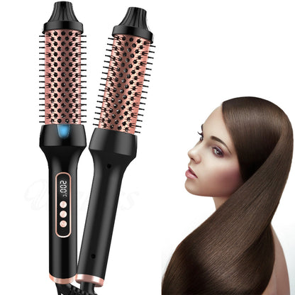 Hair styling tool with rose gold bristle brush head and black handle, next to a woman with styled hair.