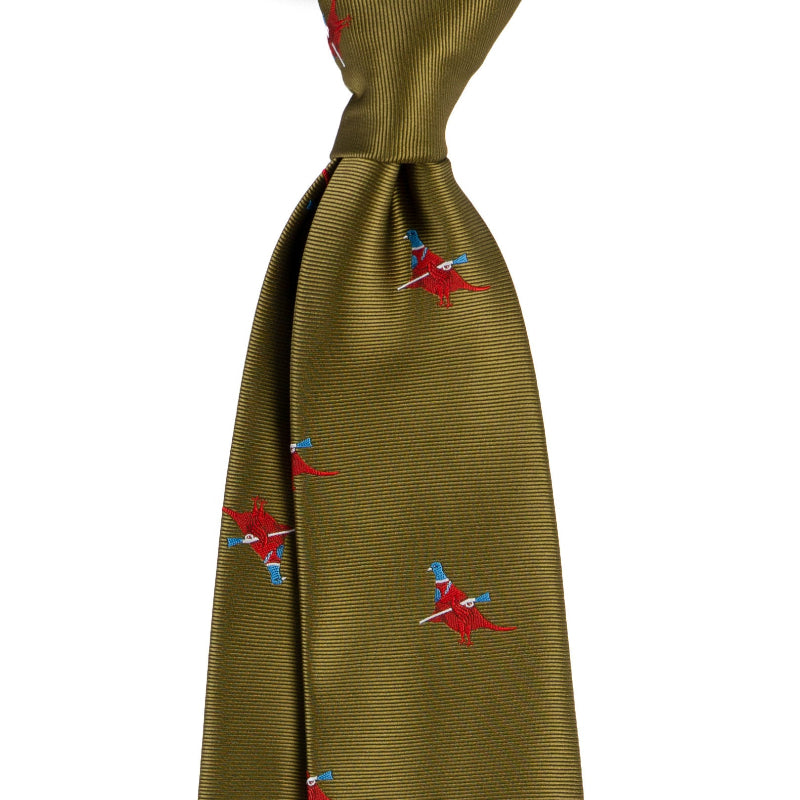 Green tie with red and blue patterns on a white background