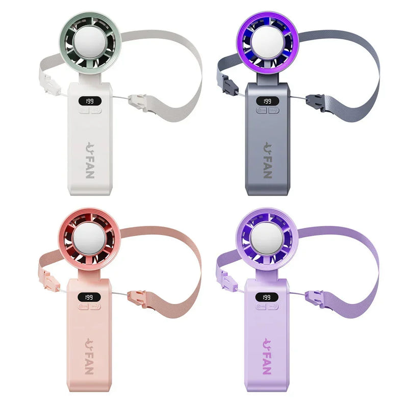 Portable handheld cooling fan set showing gray, pink, purple, and white color options with straps