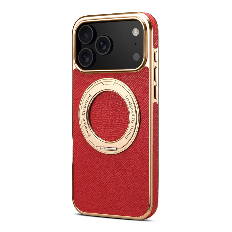 Red phone case with gold accents and a ring holder on a white background