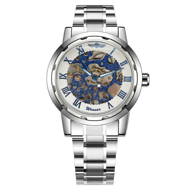 Silver wristwatch with a detailed mechanical face on a white background