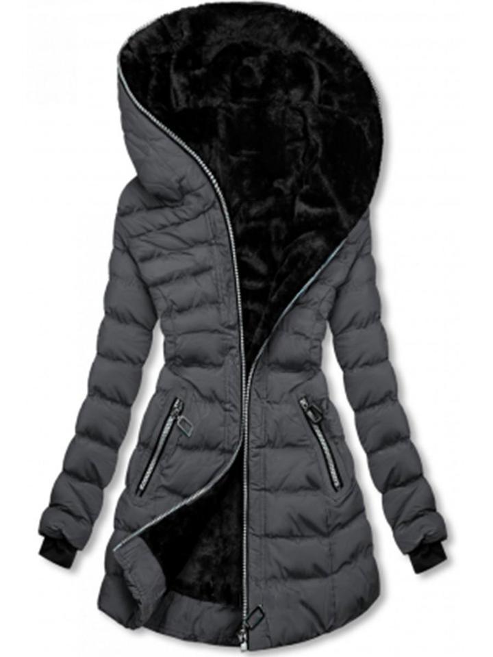 Dark gray hooded quilted jacket with long sleeves, zip front, and plush velvet lining.