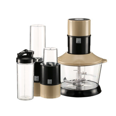 Set of kitchen appliances including a food processor and two containers on a white background
