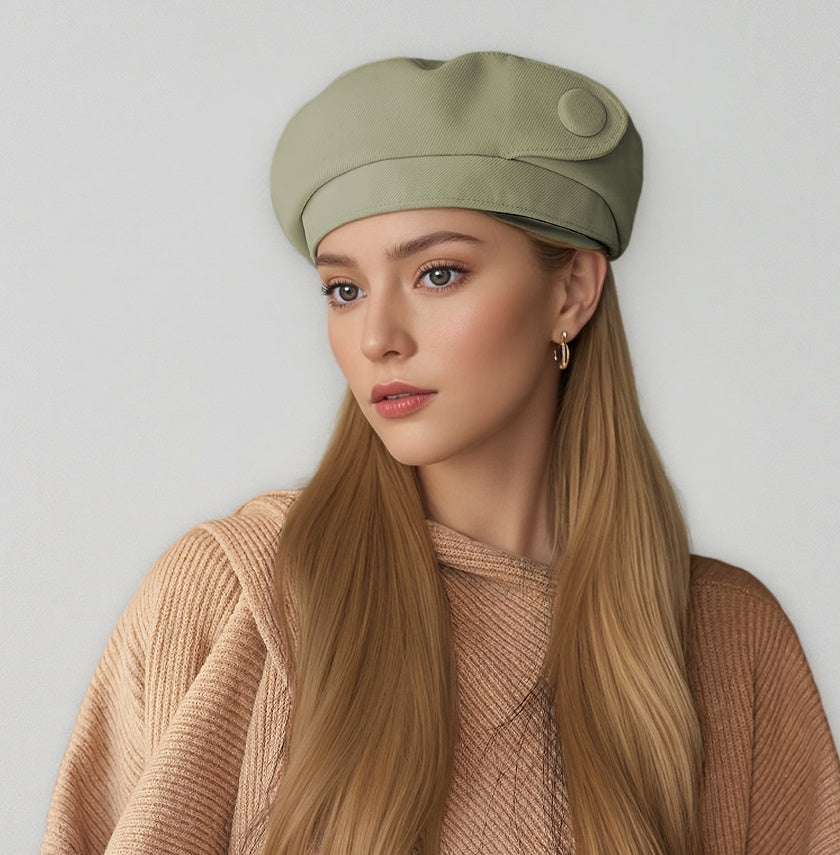 Olive satin button beret with side button detail, structured rounded crown.