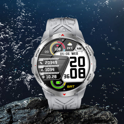 White smart watch with round digital display and white rugged silicone strap