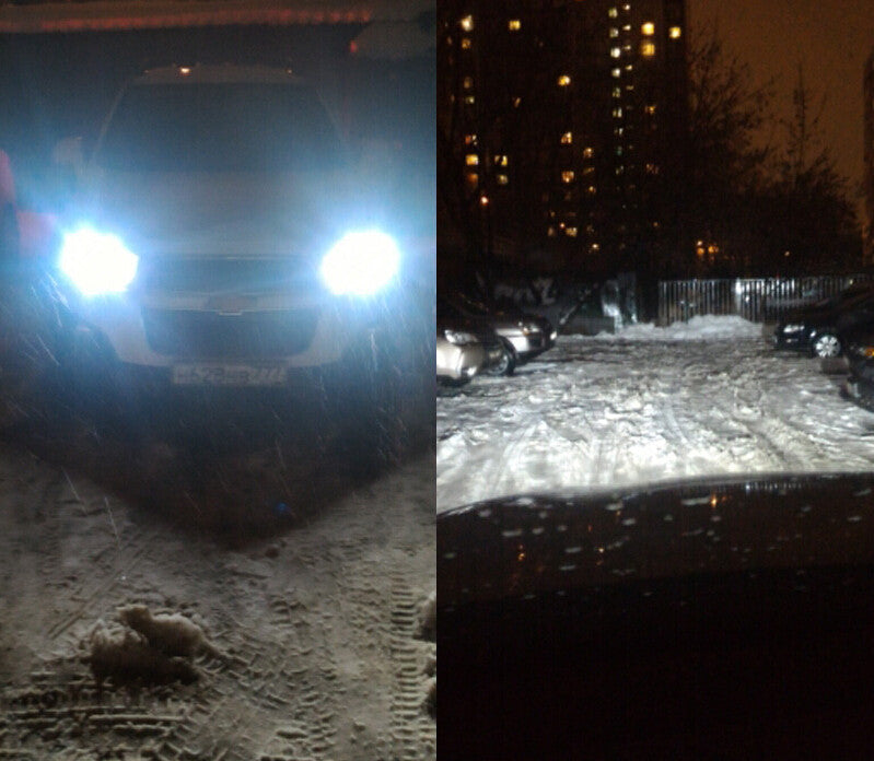 Two images showing a car's headlights on a snowy road at night.