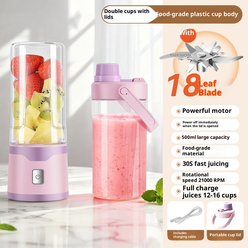 Electric USB juicer cup with double cups, clear lids, pink handheld top, and smoothies