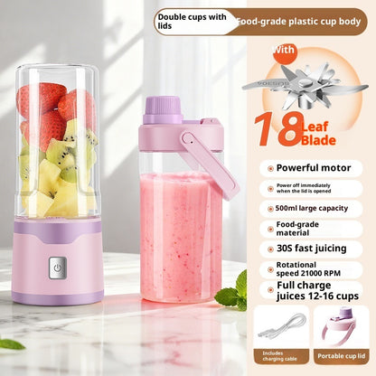 Electric USB juicer cup with double cups, clear lids, pink handheld top, and smoothies