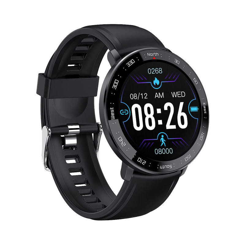 Smart watch with black silicone band and round black touchscreen display
