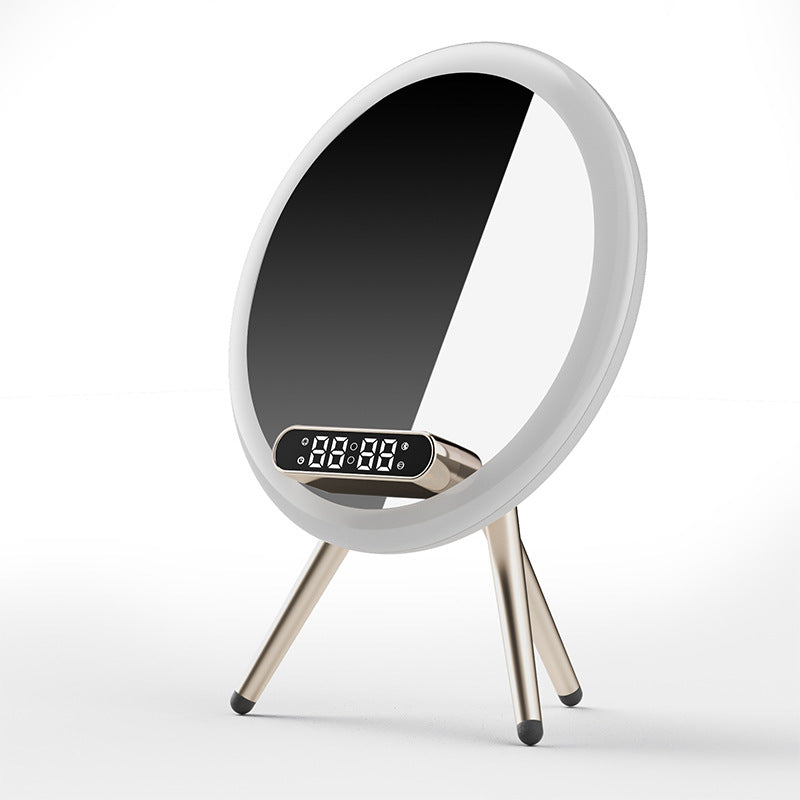 Round mirror with digital clock on a white background