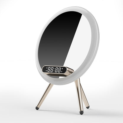 Round mirror with digital clock on a white background