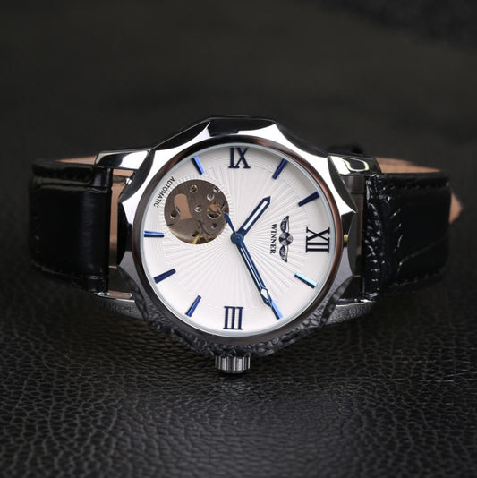 Men's automatic mechanical watch with white dial, blue accents, and black leather strap, 42mm