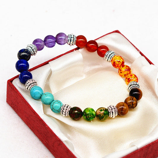 Seven chakra gemstone bracelet with tiger eye brown beads, multicolor rounds, silver spacers