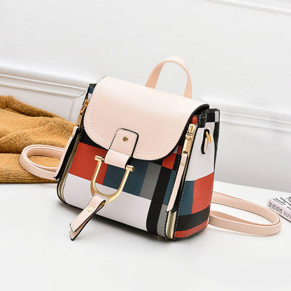 Cream and plaid crossbody bag with top flap buckle strap and side zipper