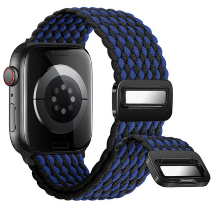 Smartwatch with a blue and black braided band on a white background