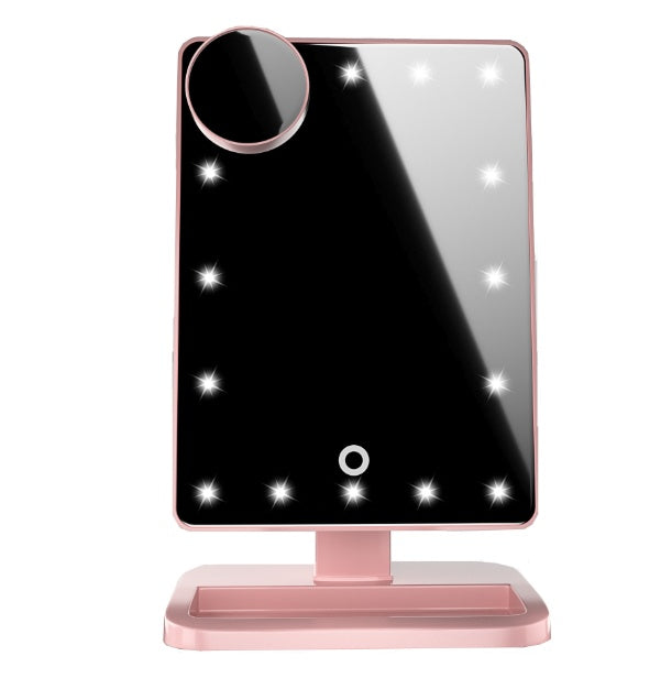 Rose gold touch screen LED makeup mirror with Bluetooth speaker and stand base