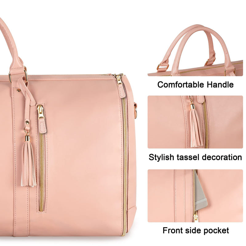 Large capacity travel duffle bag, light pink with front zipper pocket and tassel detail