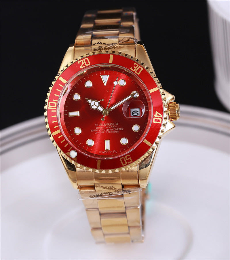 Men's steel quartz wristwatch with gold-tone bracelet, red dial, and red bezel