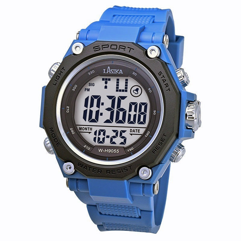 Blue sports watch with large round digital display, black bezel, silicone strap