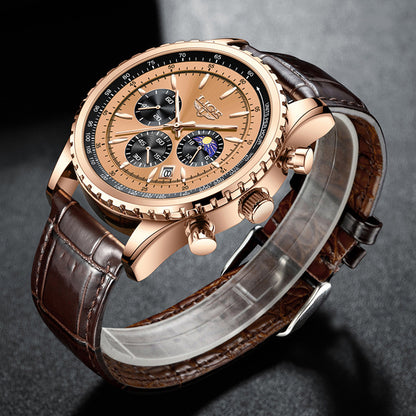 Luxury watch with brown leather strap and rose gold case on a dark background