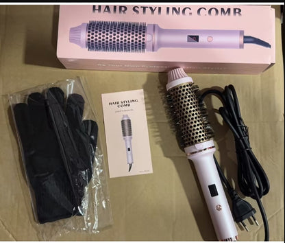 Hair styling comb with packaging, gloves, and user manual on a beige surface