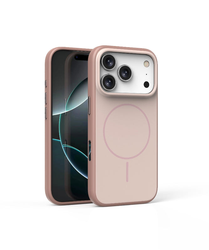 Light pink phone case with circular button detail and raised camera cover