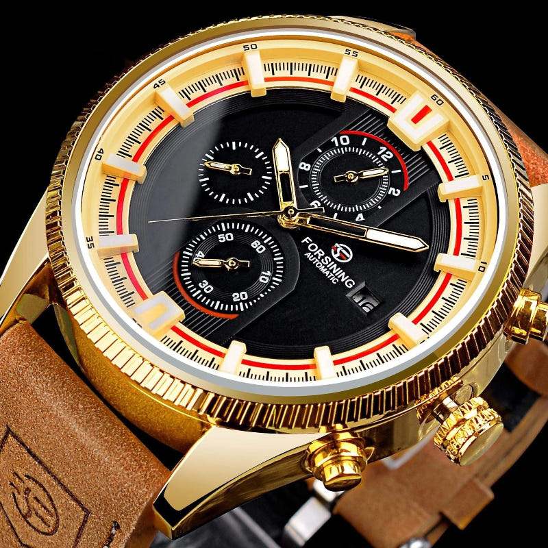 Men’s automatic sports watch with gold case, black dial and tan leather strap