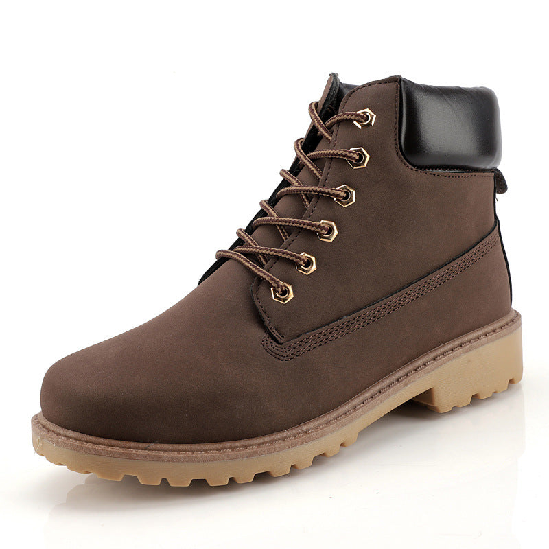 Men's high-top leather boots, medium brown lace-up with padded ankle collar and rugged sole