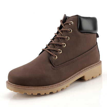 Men's high-top leather boots, medium brown lace-up with padded ankle collar and rugged sole