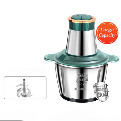 Stainless steel grinder with green accents on a white background