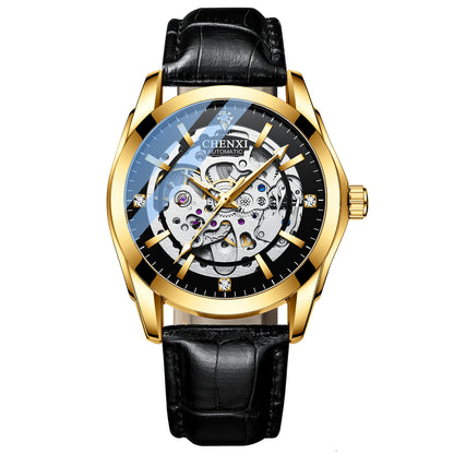 Gold mechanical watch with black leather strap and skeleton dial, full face view.