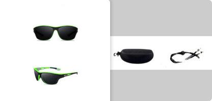 Sunglasses with green accents on a white background, showing front and side views.