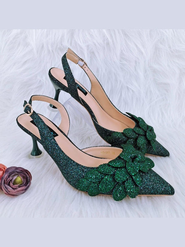 Dark green glitter rhinestone heeled shoes with matching handbag and bow flower detail