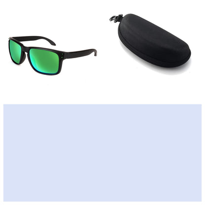 Black sunglasses with green lenses and a black case on a white background