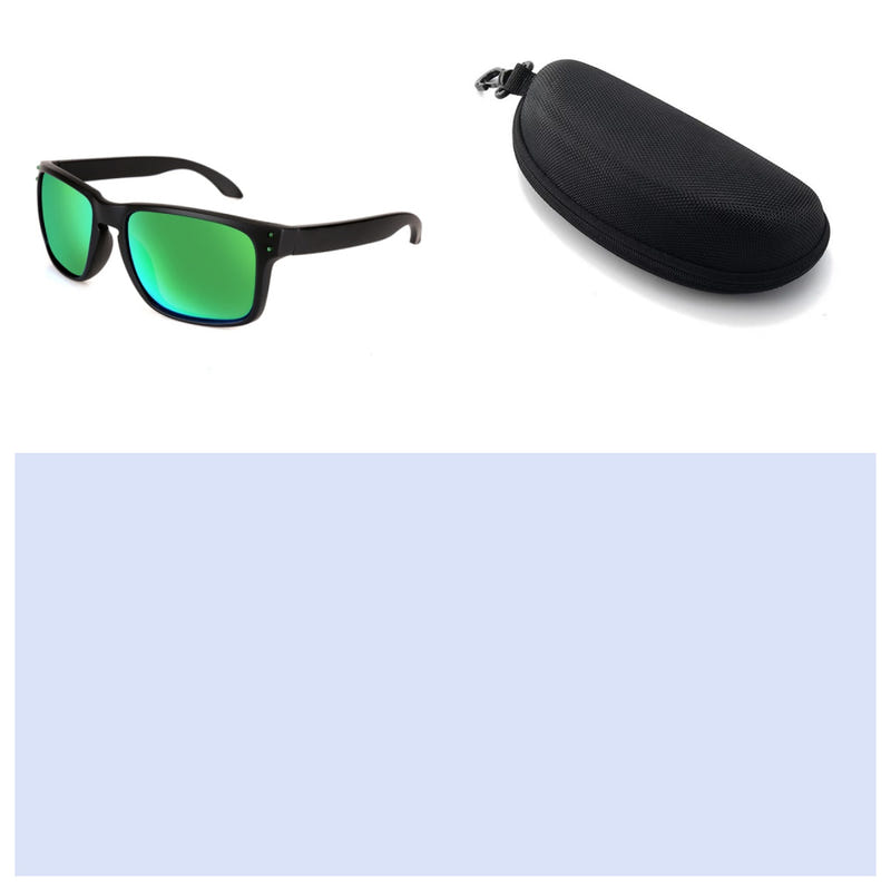 Men's polarized sports sunglasses with green mirrored lenses and hard protective case