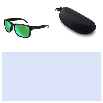 Men's polarized sports sunglasses with green mirrored lenses and hard protective case