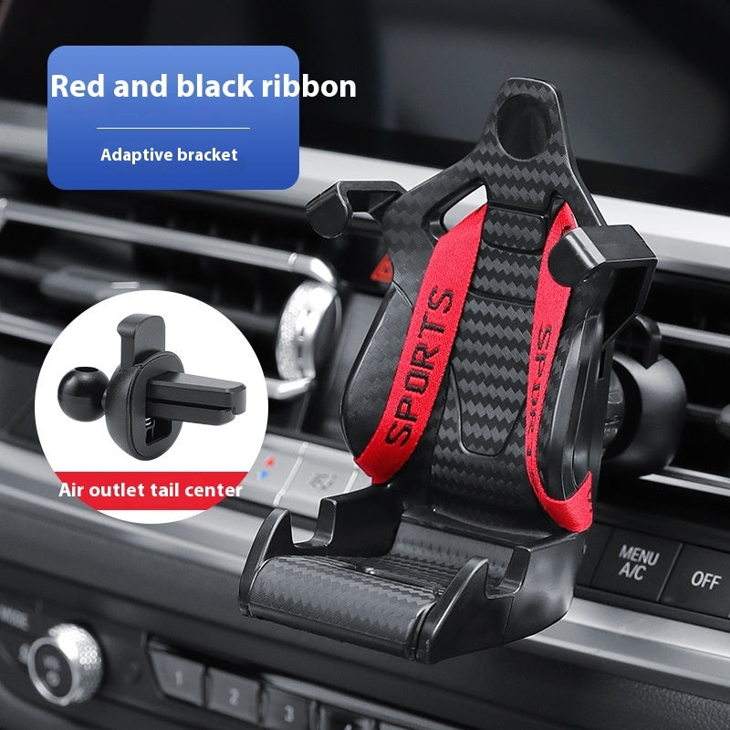 Racing seat car phone holder with red and black ribbon accents, air outlet tail center