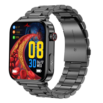 Bluetooth calling smart watch with black metal link band, medical-themed display