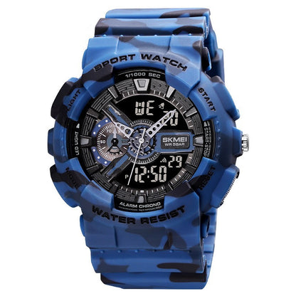 Blue camouflage sports watch with digital and analog display on a white background