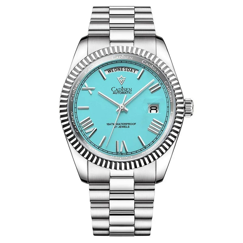 Men’s automatic mechanical watch in silver tone with light blue dial and metal link bracelet